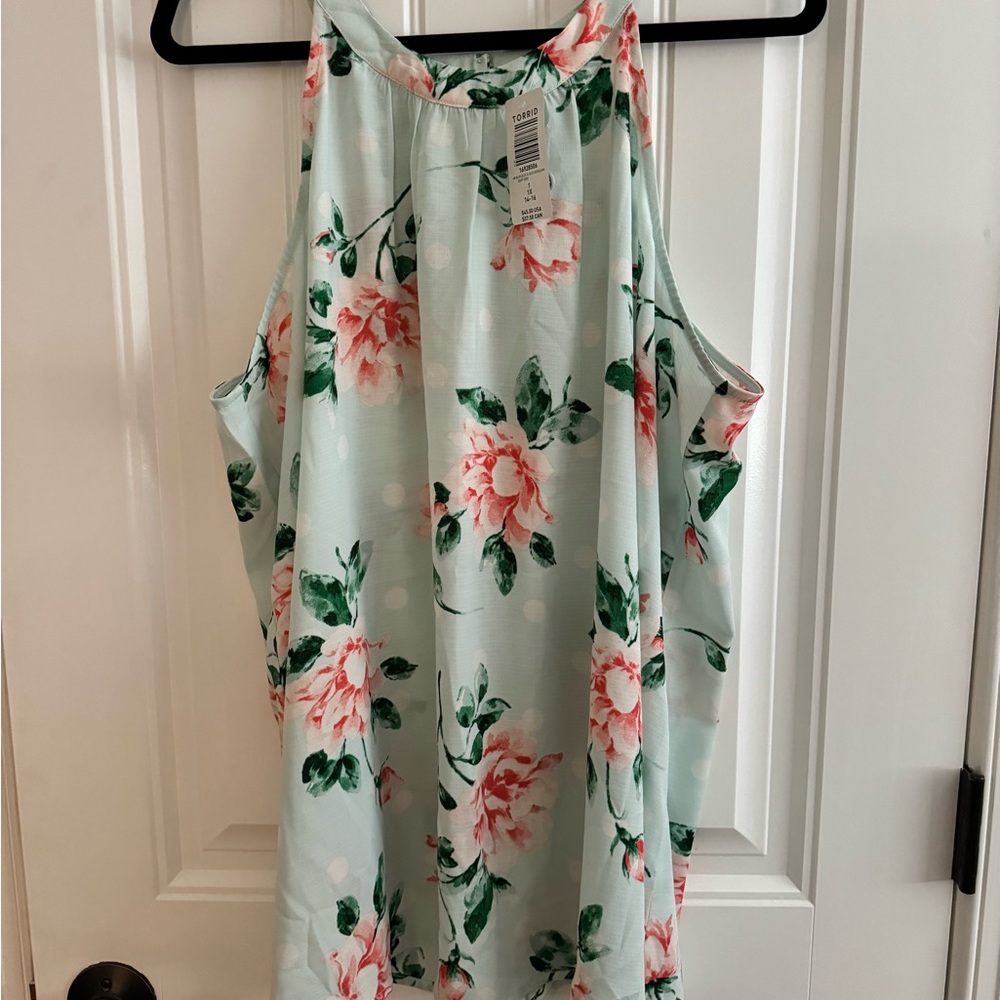 Torrid NWT Gauze Goddess Light Blue Floral High Neck Tank Top 1X